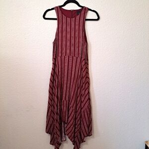 Lumiere Burgundy Handkerchief Hem Sleeveless Midi Striped Red Dress Flowy Small